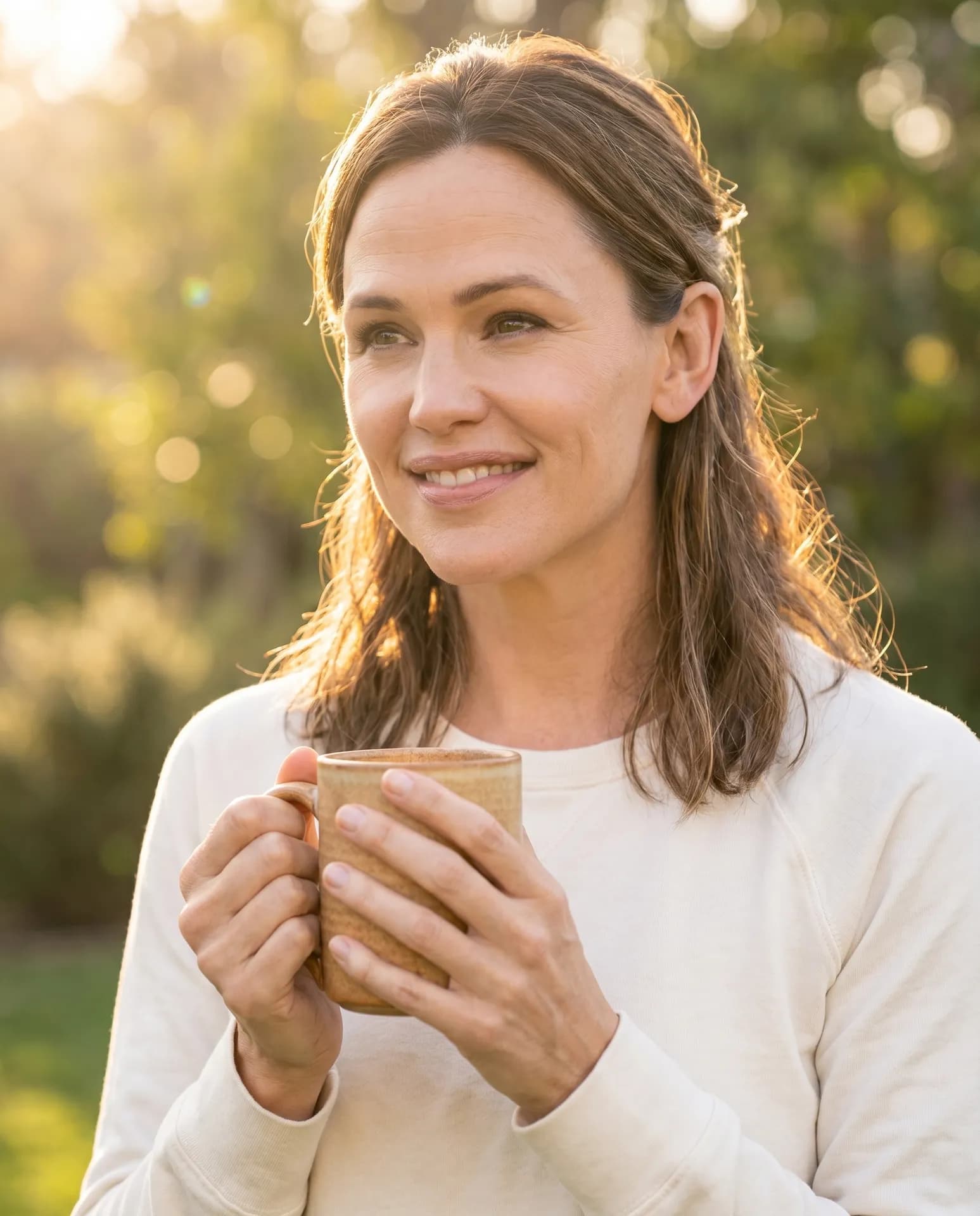 The same mom, energy back, walking outside in morning light