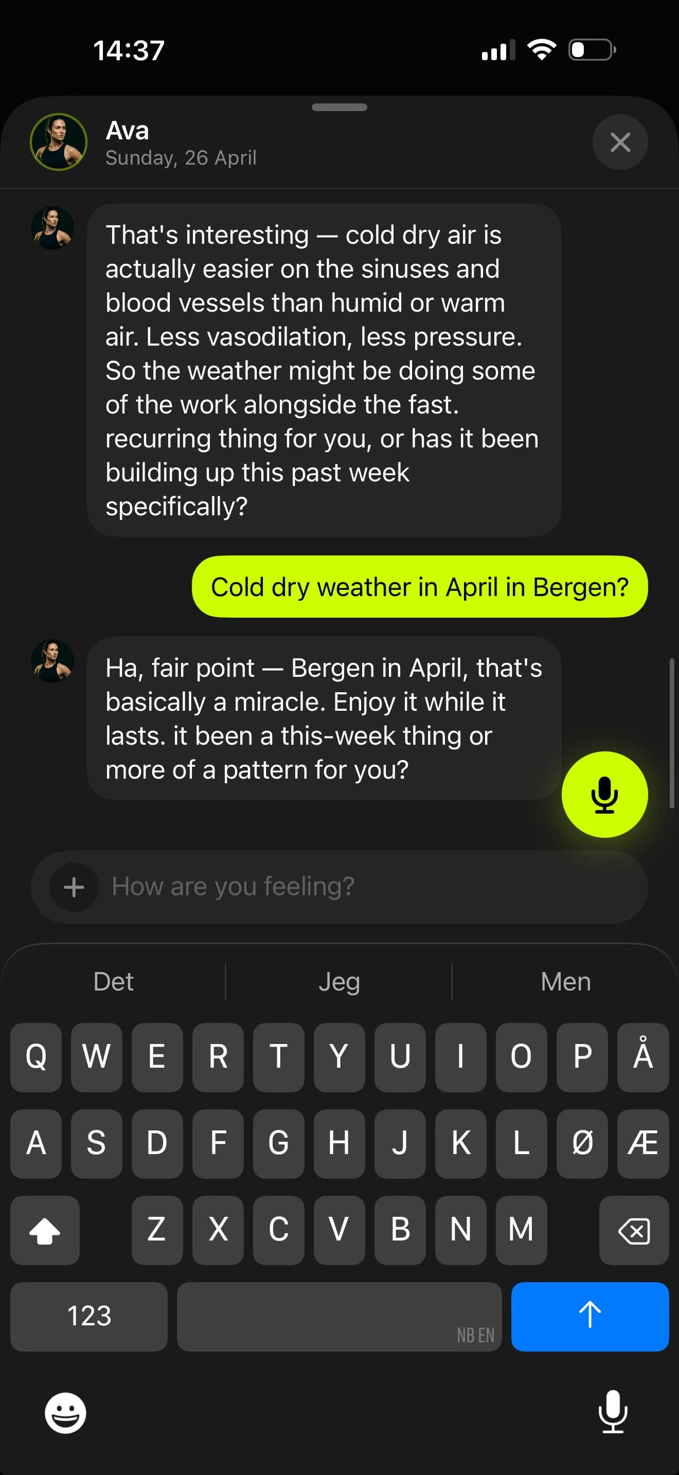 Chatting with Ava, the Jot AI coach, about how the weather is affecting energy