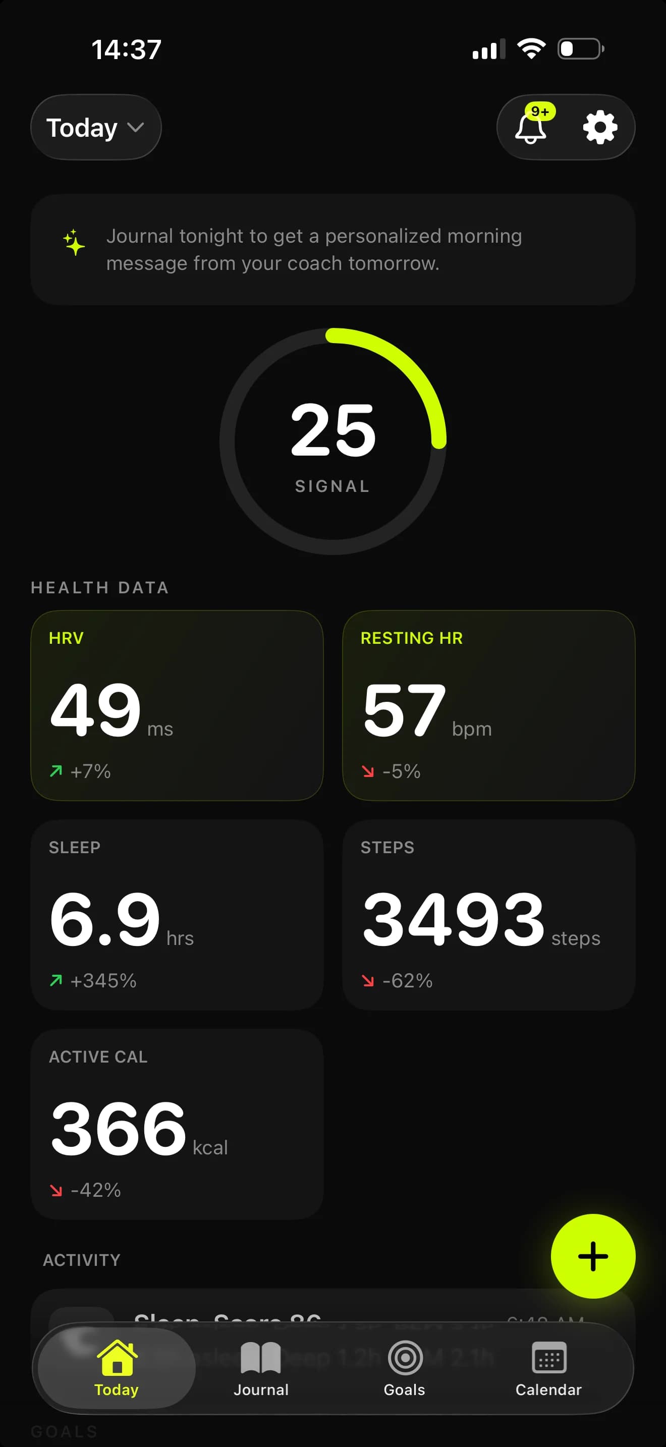 Today dashboard showing Signal score, HRV, resting heart rate, sleep, steps, active calories